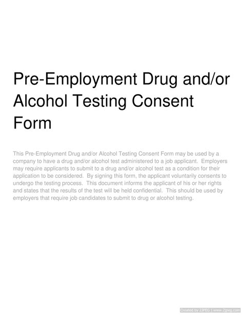 Pre Employment Drug And Or Alcohol Testing Consent Form