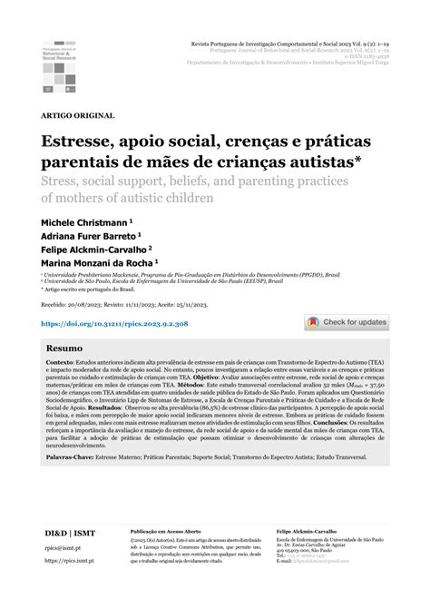 Pdf Estresse Apoio Social Cren As E Pr Ticas Parentais De M Es De