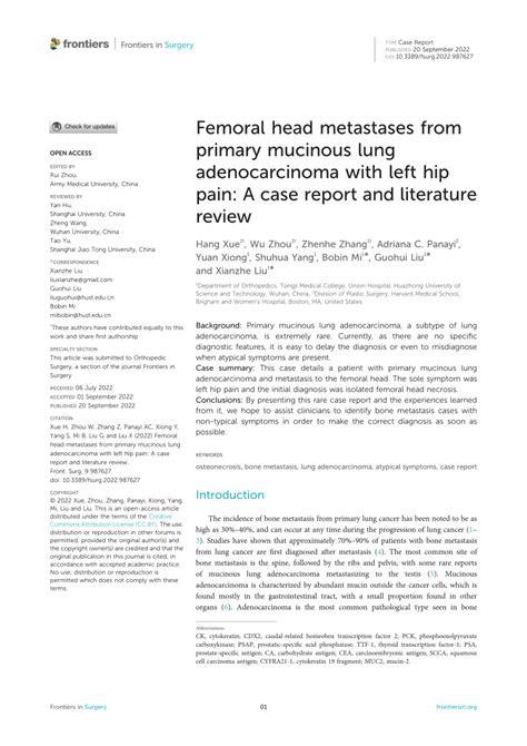 Pdf Femoral Head Metastases From Primary Mucinous Lung Adenocarcinoma With Left Hip Pain A