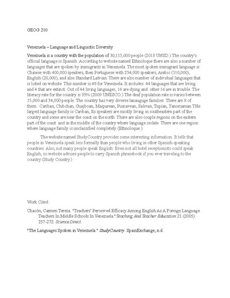 Geog 210- Language and Ling. Diversity- Venezuela - GEOG 210 Venezuela