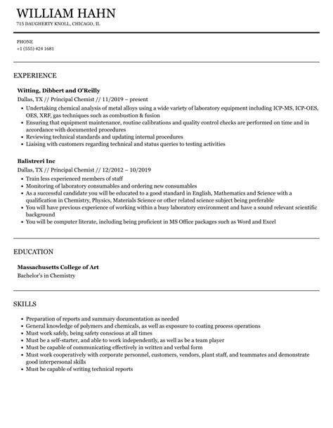 Principal Chemist Resume Samples Velvet Jobs