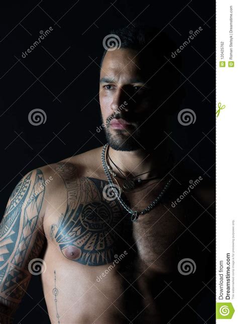 Man With Muscular Torso Bearded Man With Tattooed Chest Fit Model With Tattoo Design On Skin