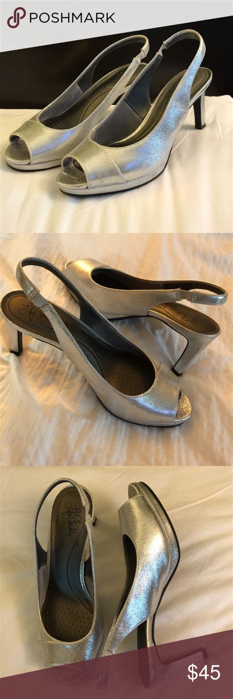 {life Stride} Silver Sling Backs Actually Comfy Peep Toe Heels