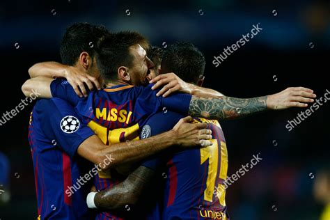 Barcelonas Lionel Messi Celebrates Teammates After Editorial Stock ...