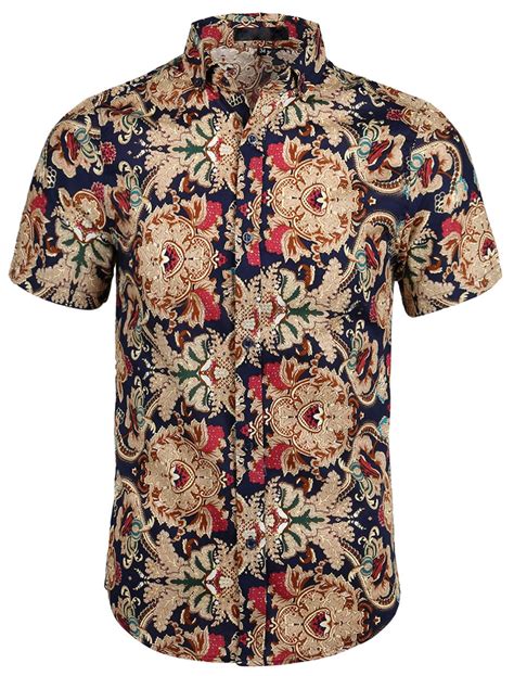 Unique Bargains Men Slim Fit Floral Print Short Sleeve Button Down