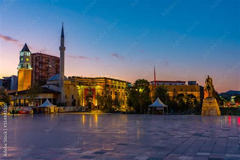 Sunrise View Of Skanderbeg Memorial And Ethem Bey Mosque In Tirana