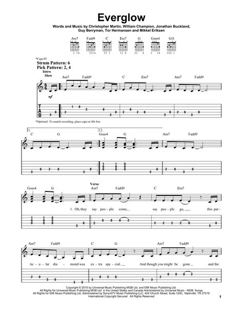 Everglow By Coldplay Sheet Music For Easy Guitar Tab At Sheet Music Direct