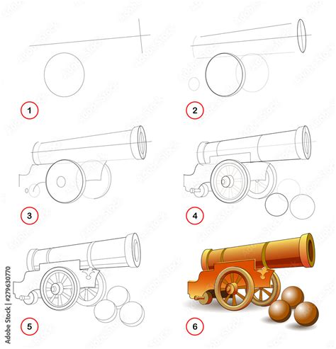 Page shows how to learn step by step to draw cannon, type of military ...