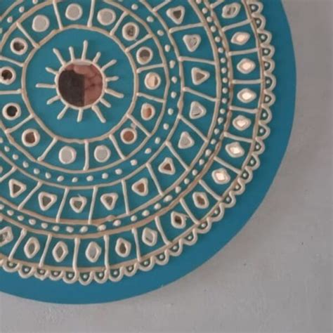 Coral Blue Round Lippan Art Design Wall Hanging With Mirror Embellishments