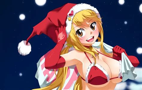 Wallpaper Girl Christmas Sexy Lingerie Bra Cleavage Long Hair Brown Eyes Boobs Anime