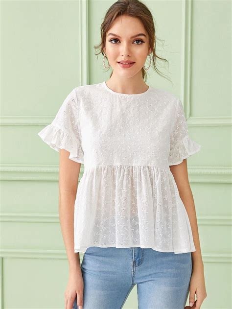 Eyelet Embroidery Flounce Sleeve Smock Blouse Fashion Outfits Cotton