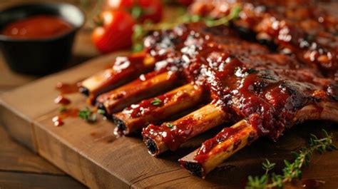 Premium Ai Image Juicy Barbecued Ribs With Glaze On A Wooden Board