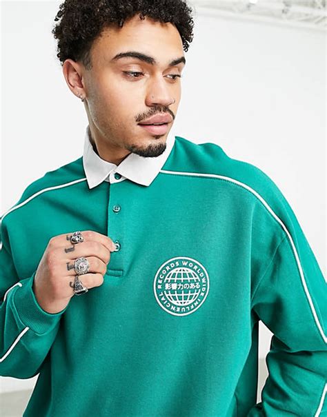 Asos Design Oversize Rugby Sweatshirt In Grün Mit Paspelierung Asos