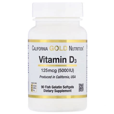 California Gold Nutrition, витамин D3, 125 мкг (5000 МЕ), 90 капсул из ...