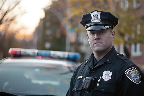 premium photo police officer  uniform standing  patrol car
