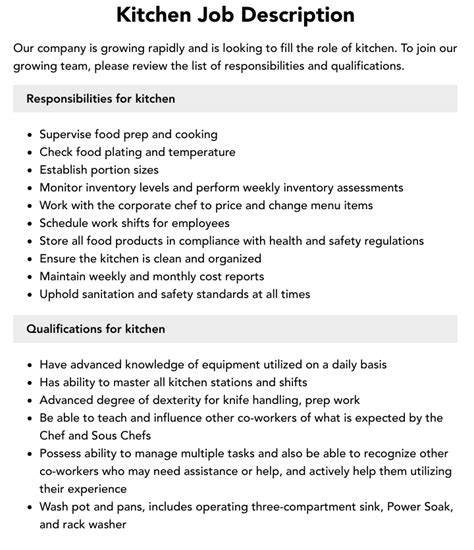 Kitchen Job Description Velvet Jobs