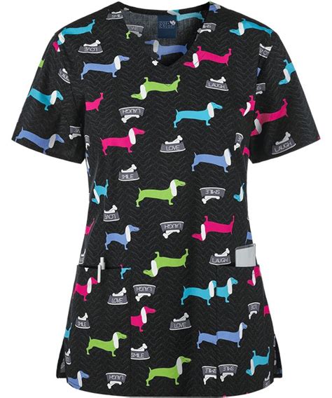 Zoe Chloe Doxie V Neck Print Scrub Top Animal Scrubs Scrub Tops