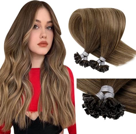 Laavoo 22in U Tip Human Hair Extensions Ombre Dark Brown Fading To Brown With Golden Brown U