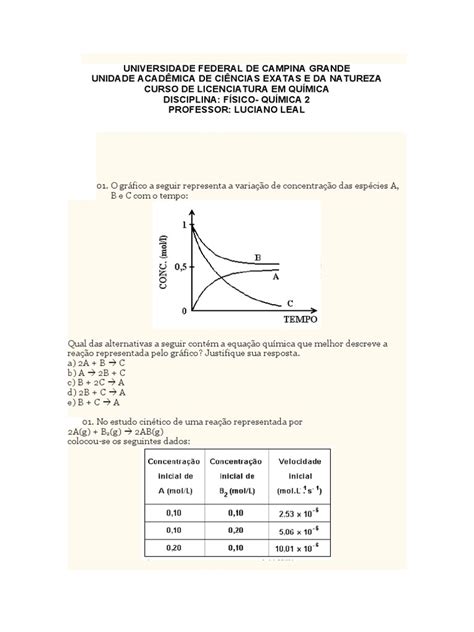 Exercícios De Revisão De Lei De Velocidade Pdf Reações Químicas