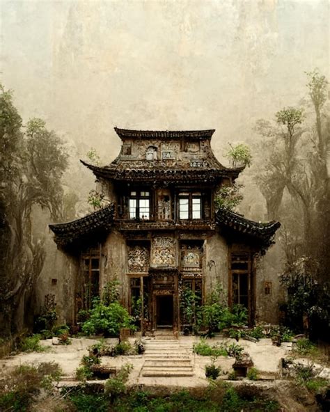 Premium AI Image | A chinese style house with a garden in the middle