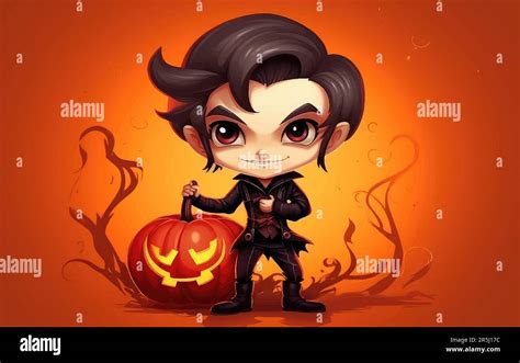 Happy Halloween Vector Cute Illustration Of Vampire With Pumpkin On