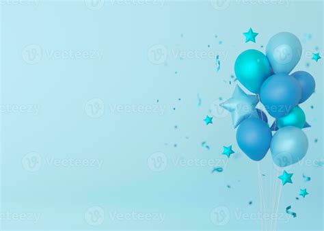 Blue background with helium balloons, stars and copy space. It's a boy ...