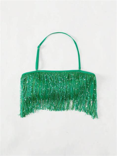 Sequin Decor Fringe Trim Halter Bikini Top SHEIN USA