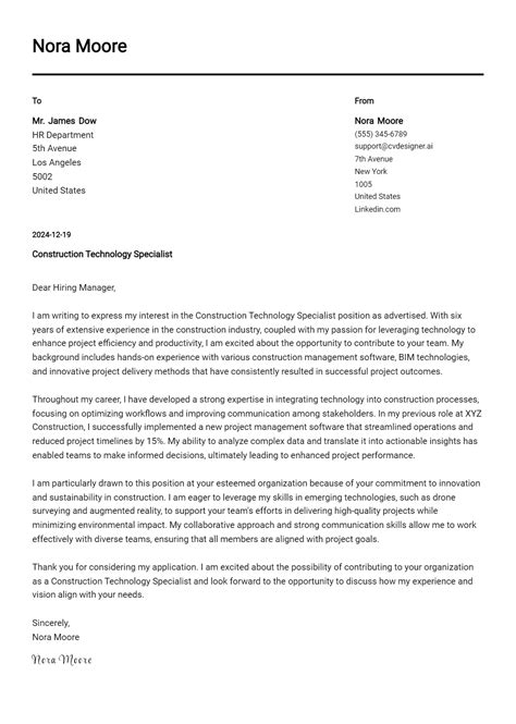 Construction Technology Specialist Cover Letter Examples And