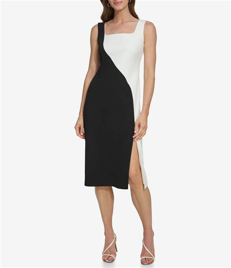 Dkny Scuba Crepe Colorblock Square Neck Sleeveless Front Slit Sheath