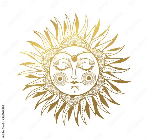 Mystical Sun Drawing With Face Golden Magical Astrology Symbol