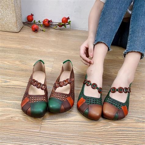 Johnature Hollow Out Round Toe Retro Low Heel Pumps Genuine Leather