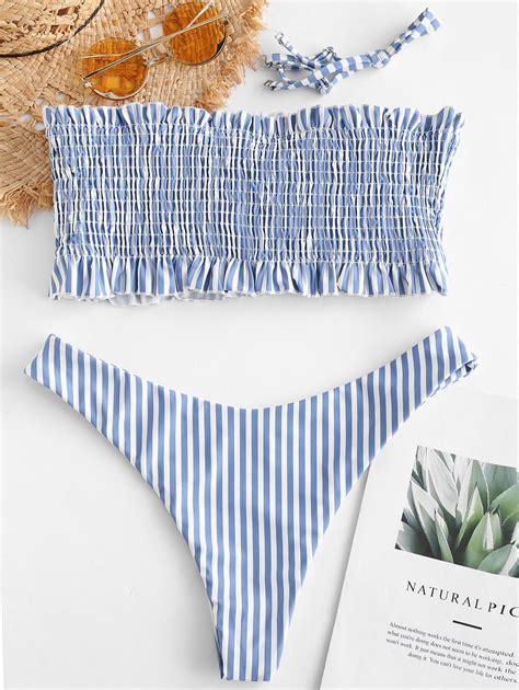 Zaful Stripe Buttoned Smocked Bikini Set Multi A Ad Buttoned