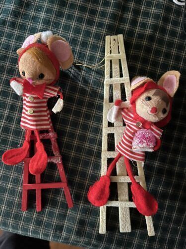 Two Vintage Japan Pixie Elf Mouse On Ladder Felt Glass Wood Christmas