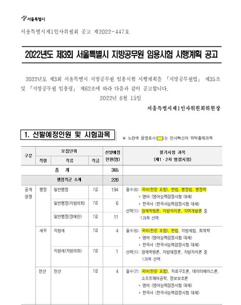 2022년도 제3회 서울시 지방공무원 임용시험 시행계획 공고 법률저널