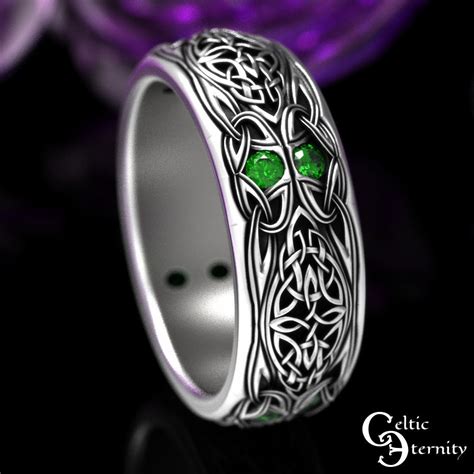 Emerald Knotwork Ring Mens Sterling Silver Wedding Band Emerald