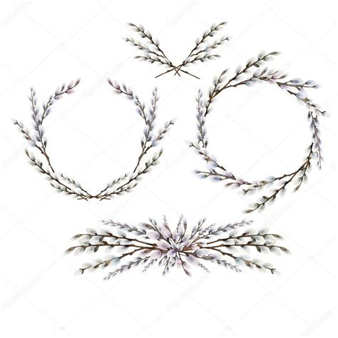 Watercolor Pussy Willow Wreath And Vignettes Stock Photo Homunkulus