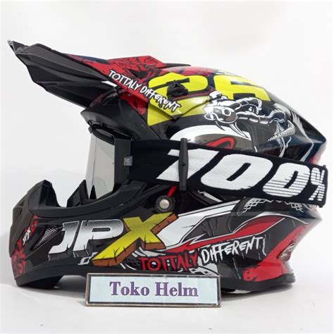 Jual Helm JPX Cross FOX 1 Motif X16 Black Doff Metalic Plus Goggle 100