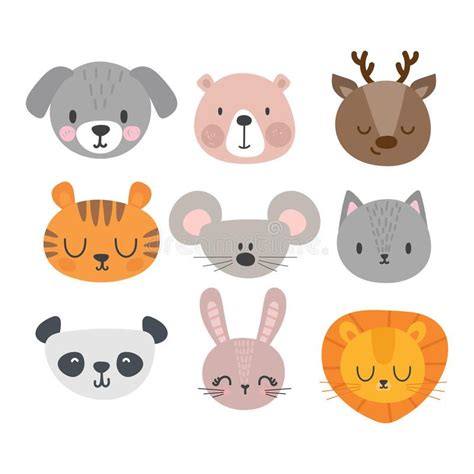 Set Of Cute Hand Drawn Smiling Animals. Cat, Deer, Panda, Tiger, Dog ...