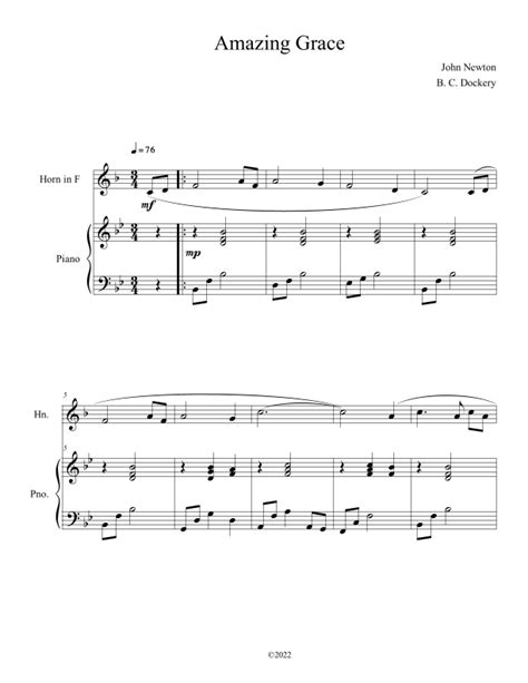 Amazing Grace Solo French Horn With Piano Accompaniment Arr B C