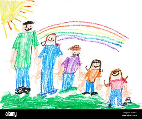 Childs Primitive Crayon Drawing of a Family of 5 People With a Sun and ...