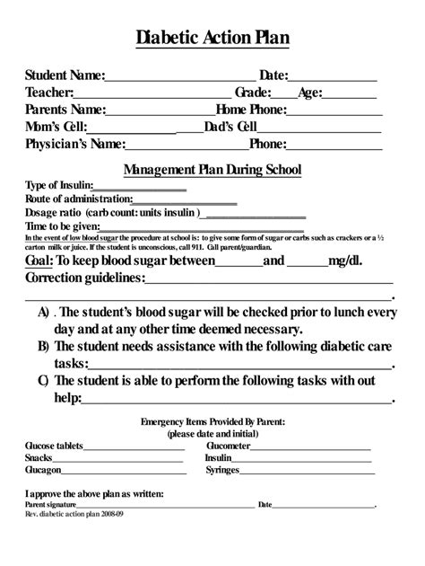 Fillable Online Diabetic Action Plan Fax Email Print Pdffiller