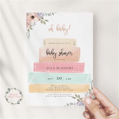 Storybook Baby Shower Invitation Template, Books Stack Baby Shower Invite, Book Lovers Boho Girl ...