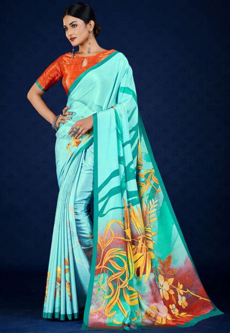 Digital Printed Crepe Saree In Sea Green SPF6719