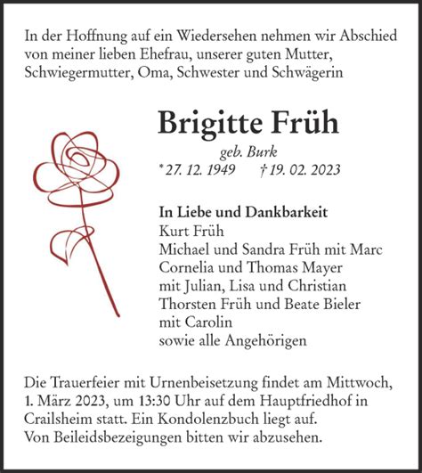 Traueranzeigen Von Brigitte Fr H S Dwest Presse Trauer