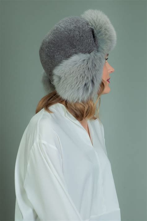 Gray Sheepskin And Fox Fur Hat With Ear Flaps Handmade By Nordfur