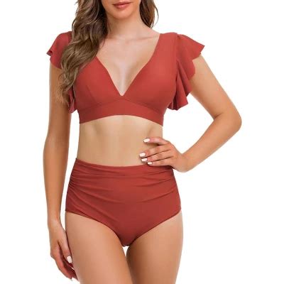 Women S V Neck Bikini Set Two Piece Ruffled Top Bathing Suits U Back Swimwear With High Waisted