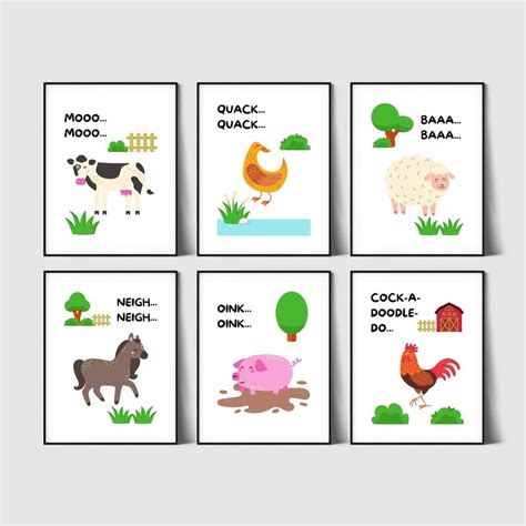 Farm Animals Sounds Printable Art, Set of 6 Prints, Nursery Toddler's ...