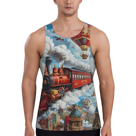 Balery Red Train Hot Air Balloon Pattern Men S Workout Tank Top Gym Muscle Tee Fitness