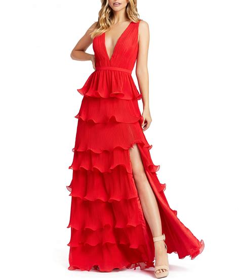 Mac Duggal Deep V Neck Sleeveless Ruffle Tiered Thigh High Slit Gown