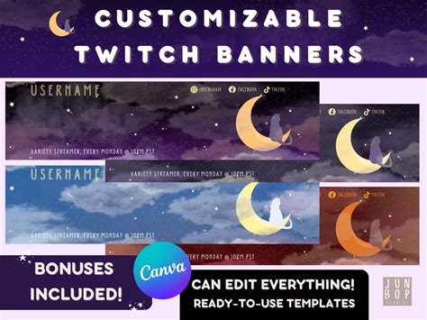 Fully CUSTOMIZABLE Twitch Profile Banner Template Cozy Cat, Moon & Stars 4 Variations Included ...